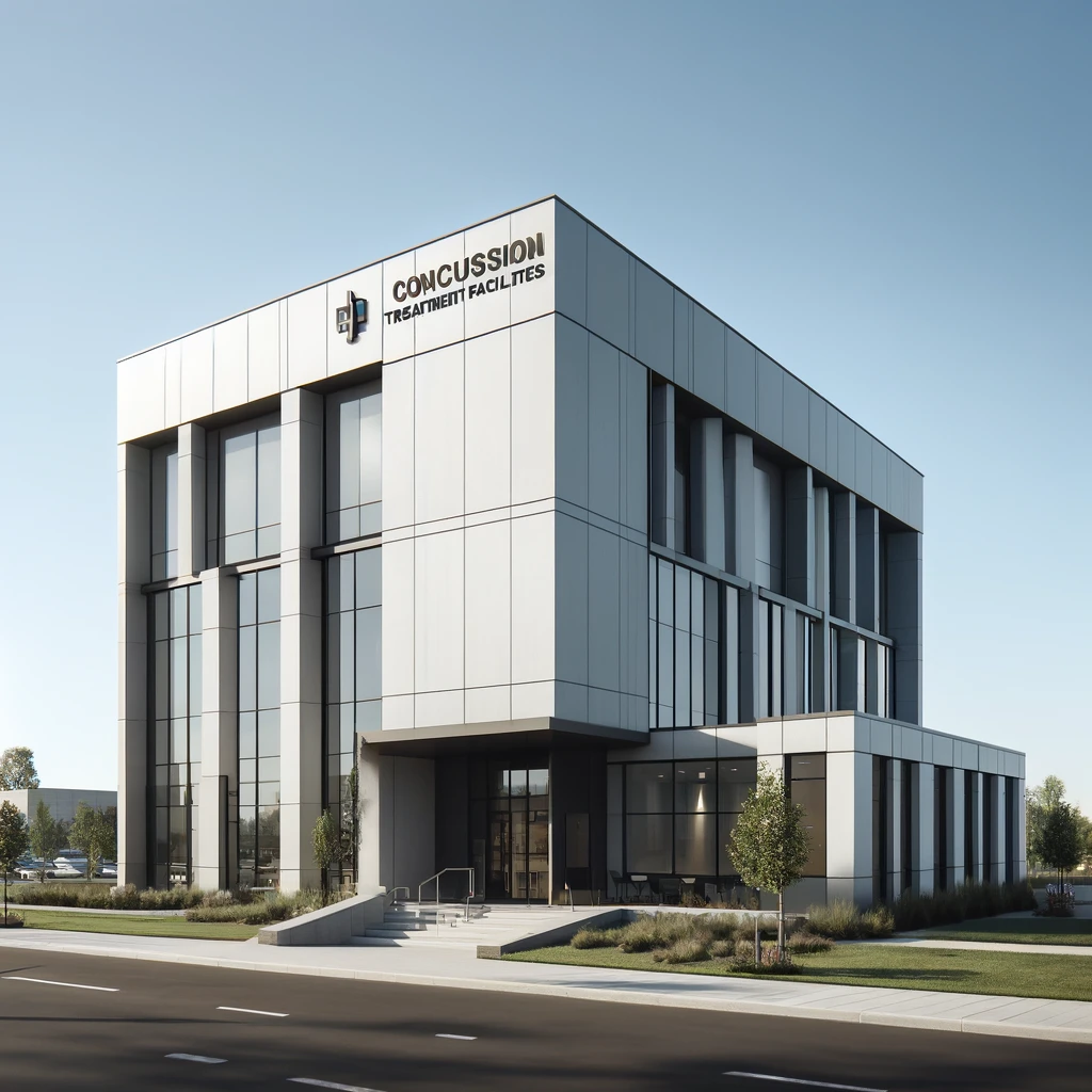 Exterior view of a modern concussion treatment facility in Ottawa, featuring a contemporary design with large windows, a flat roof, and a subtle sign labeled 'Ottawa Concussion Treatment Facilities'. The surrounding landscape includes small trees and neat pathways under a clear, sunny sky.