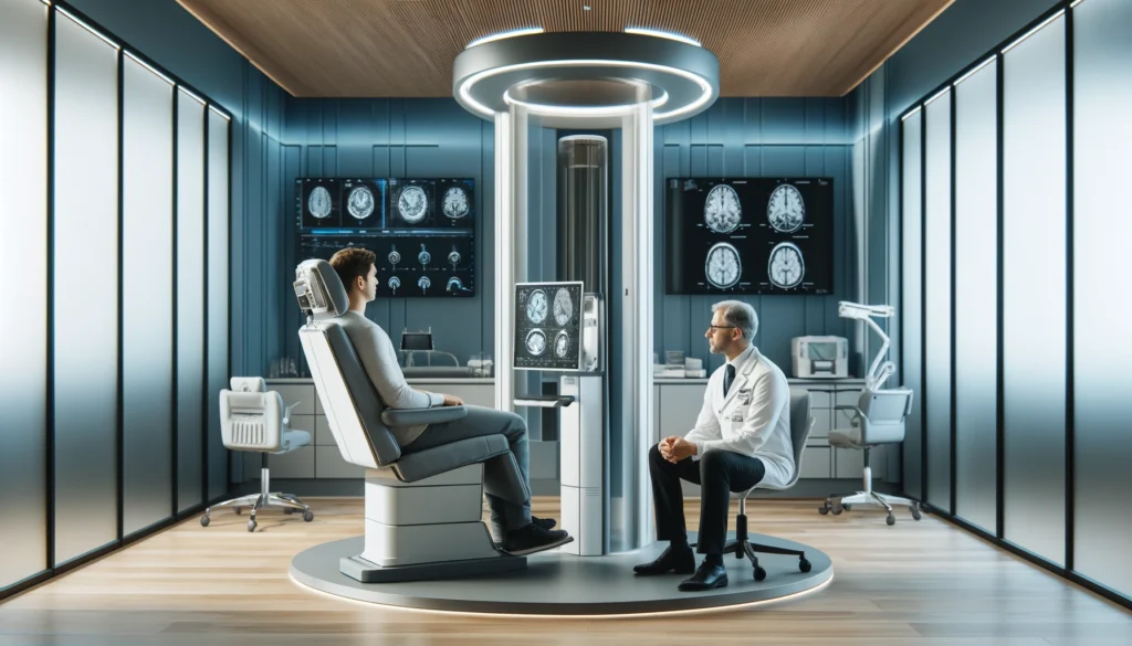 A modern concussion treatment room in Ottawa with a neurologist and patient, featuring high-tech medical equipment and a contemporary decor.