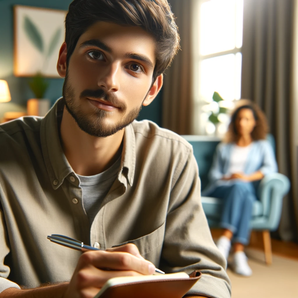 A mental health therapist in Indianapolis attentively listens to a client, creating a comfortable and supportive atmosphere.