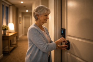 Elderly woman securing her home doorway